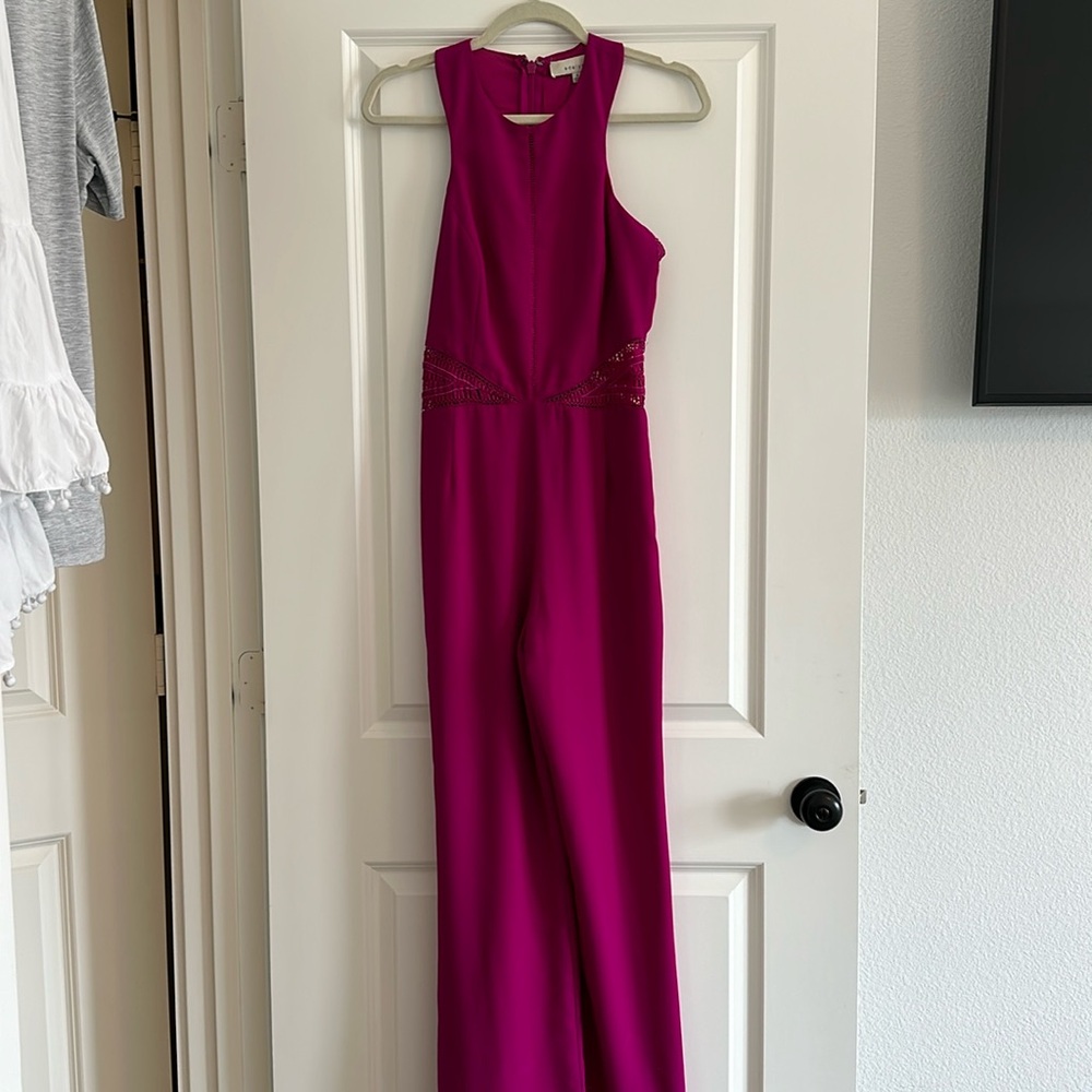 Adelyn Rae Fuchsia Sleeveless Beaded Waist Jumpsuit